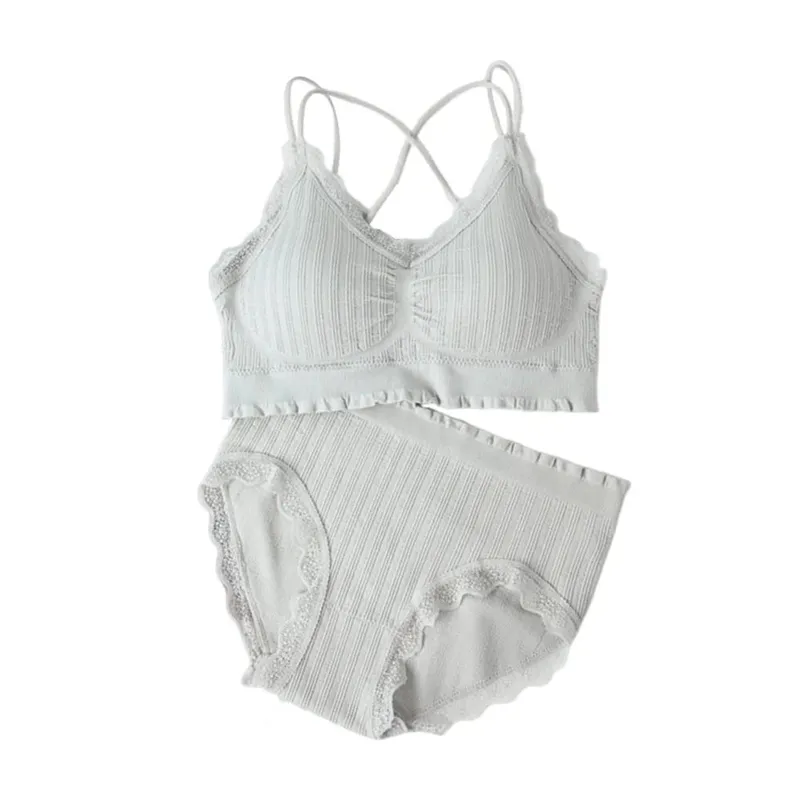 1Set Casual Lace Women Seamless Bra Set V-Neck Breathable Lingerie Set Comfortable with Bra Pads Underwear Set — image 2