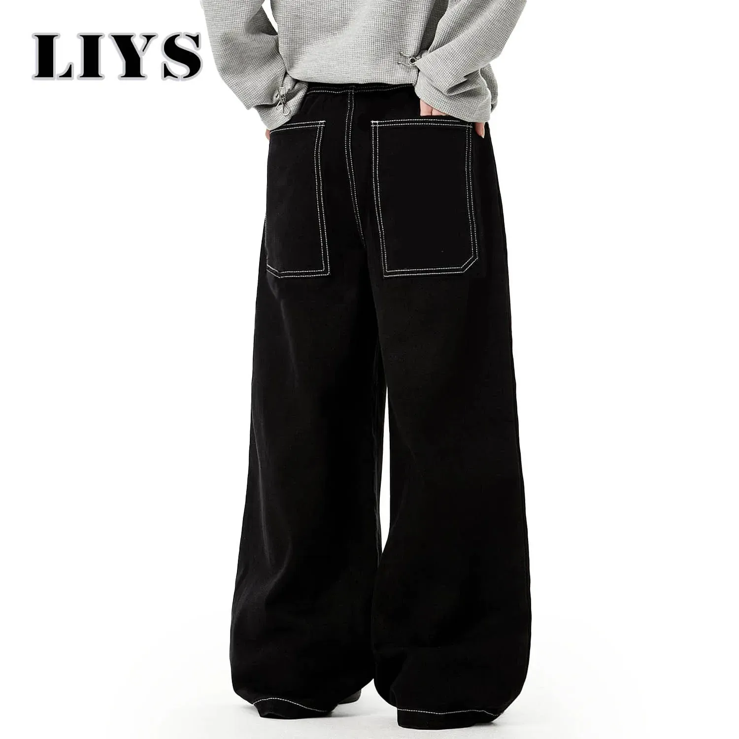 Spring Summer Men's Retro Black Baggy Wide Leg Jeans American Basic Unisex Daily Casual Denim Pants Women's Black Stacked Jeans