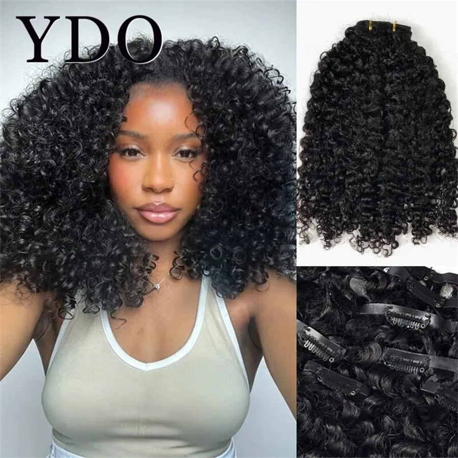 Afro Kinky Curly PU Clip In Human Hair Extensions 12A Brazilian Virgin Raw Deep Curly Human Hair 8pcs 120g/set Natural Color