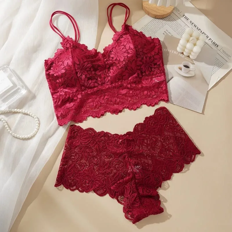 M-2XL Women Sexy Lace Bras Suit Hollow Out Flower Lace Underwear Sets Beautiful Back Tops Panties 2PCS Intimate Set — image 9