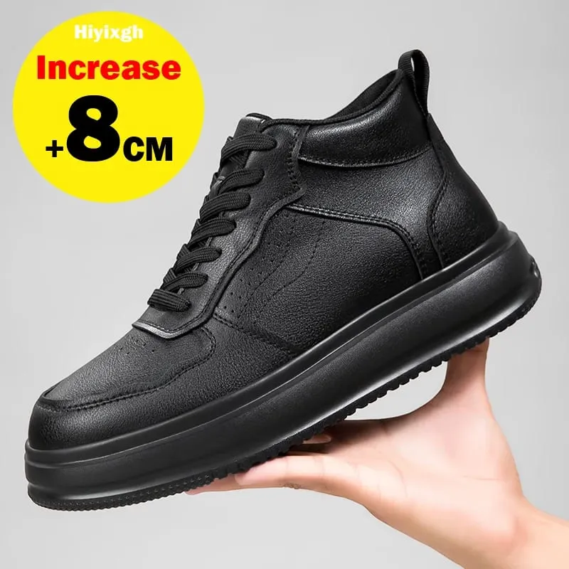 Genuine Leather Lift Sneakers Men's Elevator Shoes Heightening Insole 8cm Black High Shoes Men's Fashion Sports Plus Size 36-46