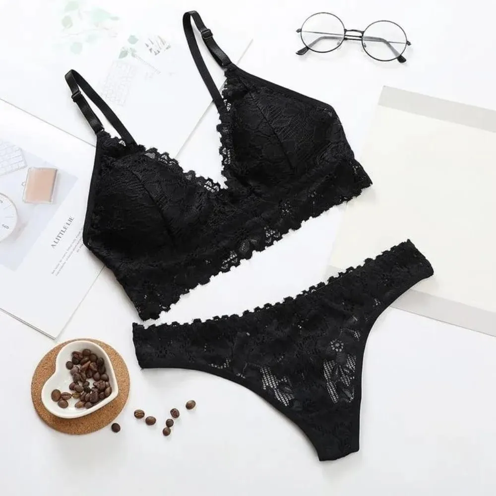 Underpants V Neck Lace Flower Bra Set Solid Color Thong Floral Panties Bra Kit Lingerie T-Back Lace Underwear Women — image 3