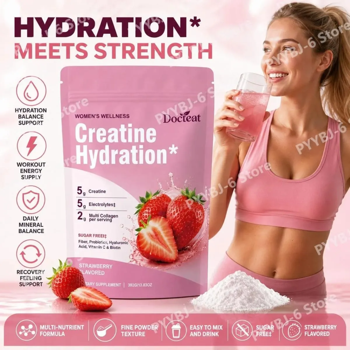 Docteat Creatine Powder Electrolytes Collagen Vitamin C Biotin Sugar Free Strawberry Flavor Women Fitness Wellness 30 Servings — image 2
