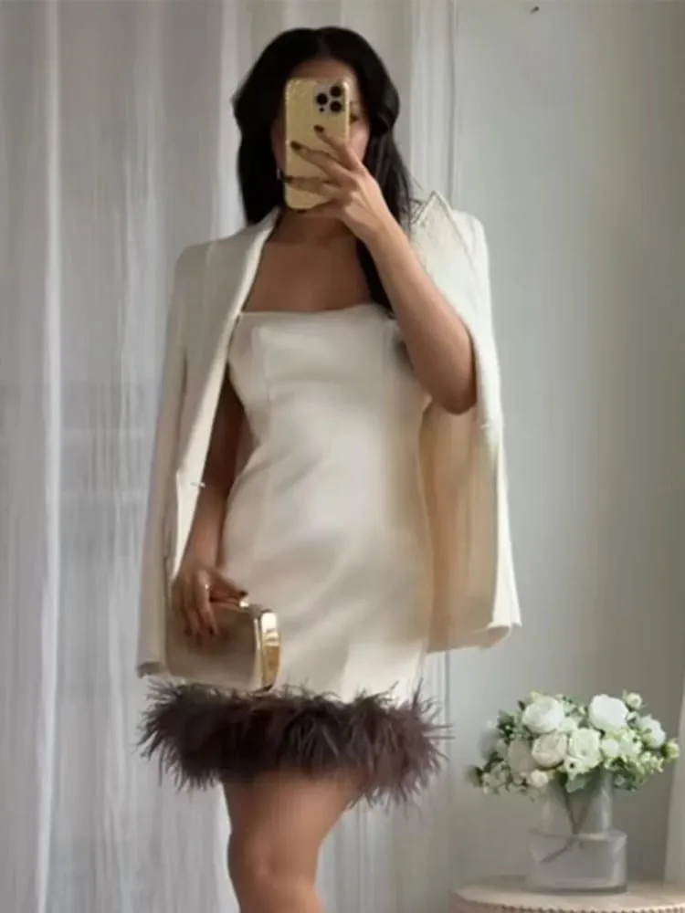 White Faux Fur Trim Cami Bodycon Mini Dress Women Sexy Backless Lace-up Dresses 2026 Lady Elegant Holiday Club Vestidos New