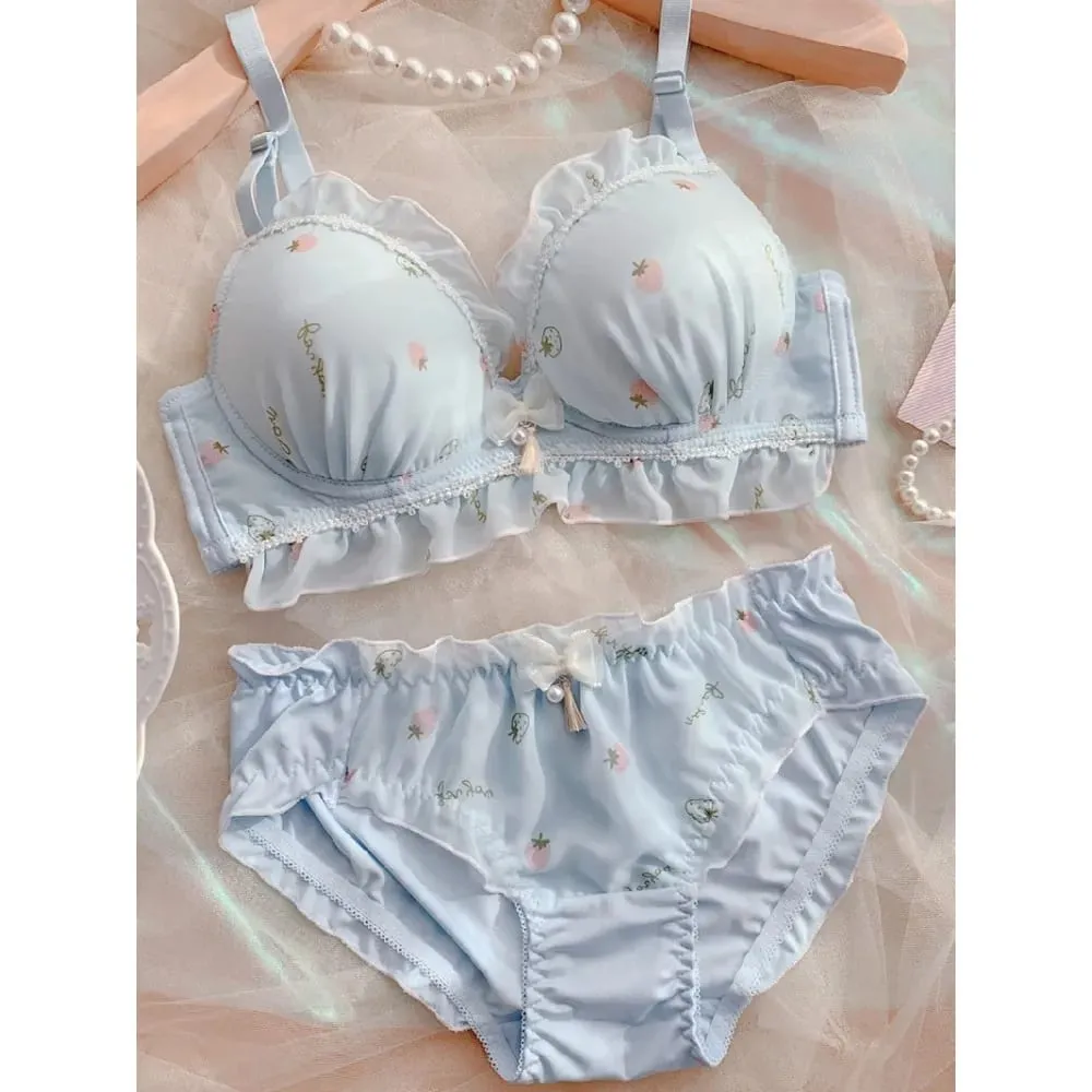 Cute Strawberry Print Wireless Thin Cup Push Up Bra Panty Set Kawaii Japanese Comfort Underwear For Small Chest Daily Wear S-XL — image 2