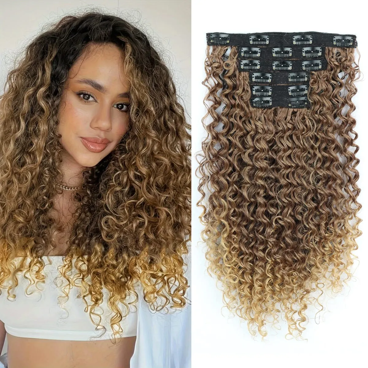 16 Clip In Hair Extensions Synthetic Kinky Curly Full Head Fake Pieces Brown Black Hair Extensions Suitable For Black Women — image 11