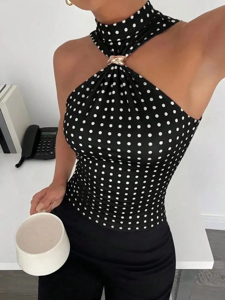 Metal Ring Decor Twist Knot Sleeveless Tank Top for Women Summer Casual Elegant Office Style Halter Neck Slim Fit Crop Top — image 11
