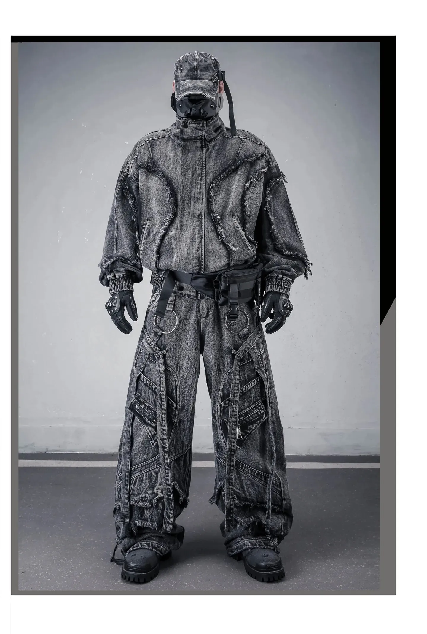 Deconstructed Straps Washed Vintage Cargo Jeans Man Woman Techwear Wasteland Style Wide Leg Tactical Baggy Pants Street Wear — image 9