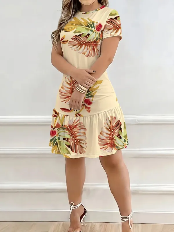 Summer Bohemian Style Loose Tropical Print Round Neck Short Sleeve Dress Comfortable Holiday Dress — image 3