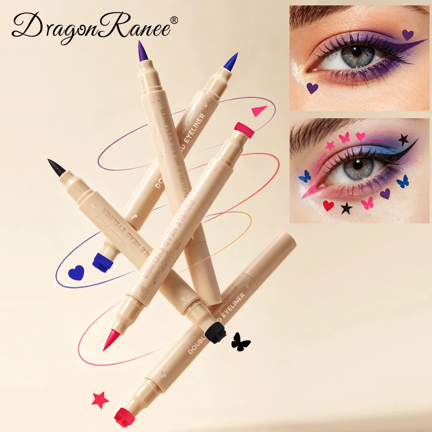 Double Head Stamp Liquid Eyeliner Smudge-Proof Quick Drying Waterproof 2 in1 Colorful Love Star Butterfly Eye Line Pencil Makeup