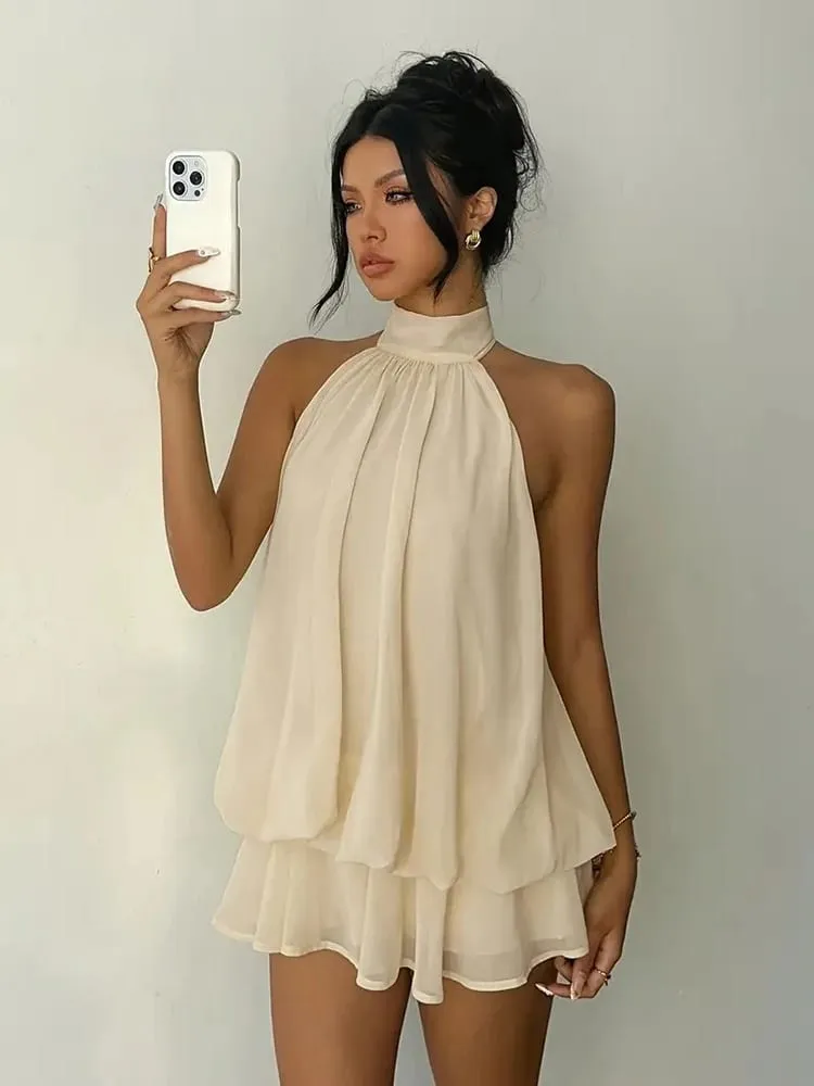 Women Halter Neck Backless Tie Mini Dress Summer Sleeveless Chiffon Ruffle Short Dresses Sexy Club Party Beach Vacation Outfit — image 5