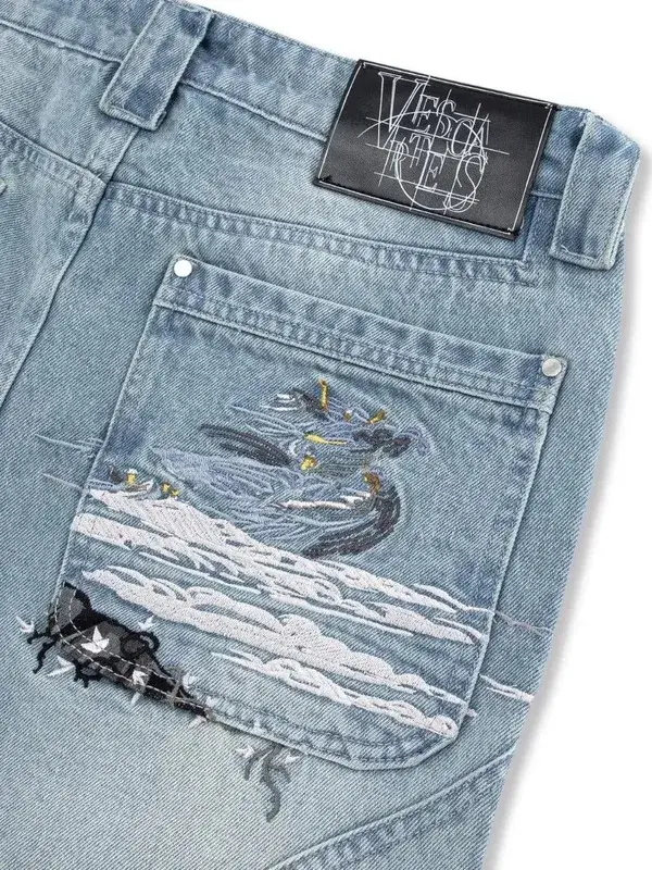 Y2K Black Baggy Cargo Jeans Men Horse Back Pocket Embroidery Cursive Wild Ride Distressed Cut Out Wide Leg Casual Denim Trouser — image 10