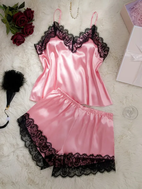 Pink Satin Bra And Panty Sets Silky-Soft Women's Underwear Elegant Loungewear Lace Bras And Pajama Set Spaghetti-Strap Lingerie