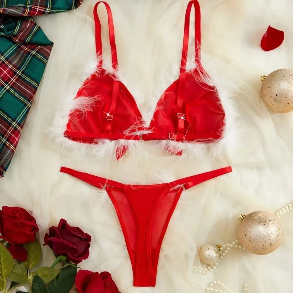 Furry Women's Underwear Mesh Transparent Bow Decor Lingerie Set Romantic Intimate Wireless Bra Panties Suit Intimate Moments — image 3