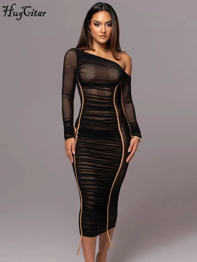 Hugcitar Mesh Solid Diagonal Collar Long Sleeve Draped Sexy See Through Bodycon Maxi Dress Summer Fashion Clothes Festival Club