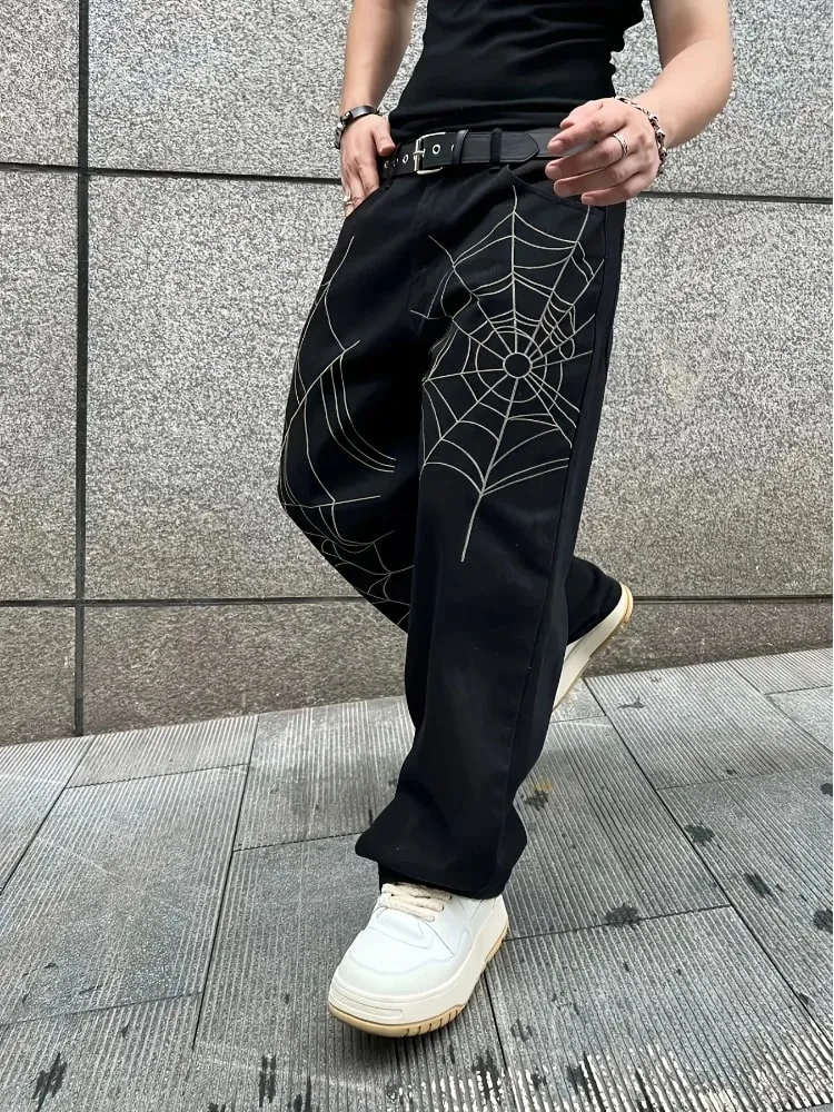 Men's Black Jeans Spider Web Printing Loose Wide Leg Casual Daily Trousers High Street Fashion Trendy Streetwear Denim Pants — image 5