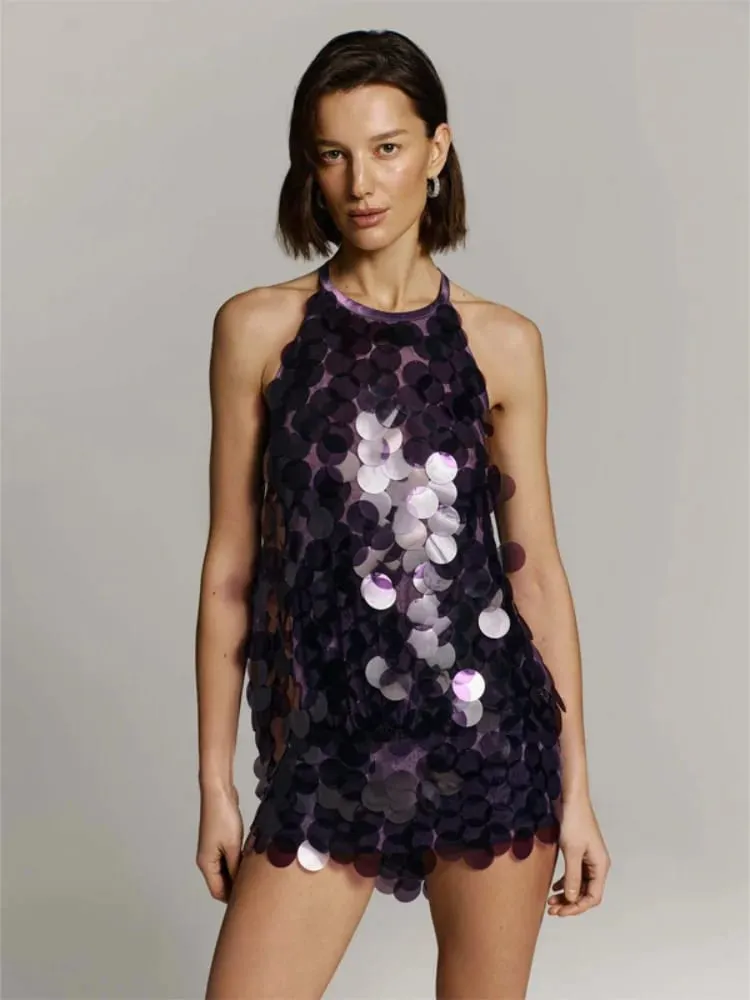 Women's 2026 Halter Sequin Dress Sleeveless Loose Large Sequin A-line Mini Dress Summer Evening Party Shining Gown Elegant Sexy — image 1