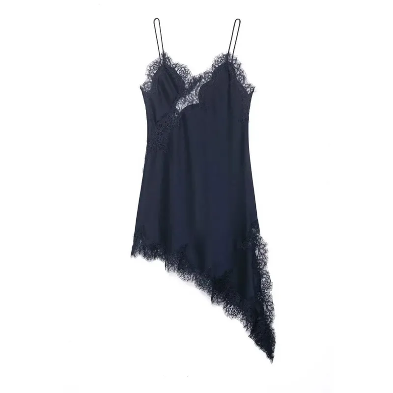 HH 2026 Female Summer Fashion Solid Lace Splicing V Neck Dresses Satin Asymmetry Hem Sexy Backless Slim Mini Dress For Party