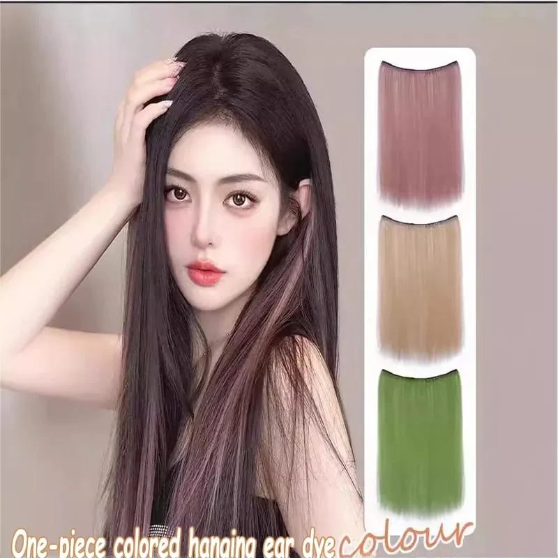 One piece hanging ear dyed synthetic wig piece for women highlighted color hair extensions