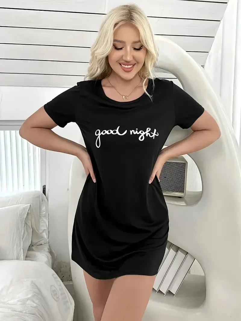 Women's Spring and Summer Casual Letter-Print Short-Sleeved Dress Suitable for Daily Wear and Home Wear — image 3