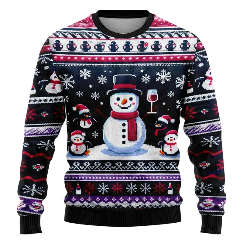 Men Women Xmas Sweatshirt 3D Christmas Snowman Santa Printed Ugly Christmas Sweater Unisex Pullover Holiday Party Jumper Tops