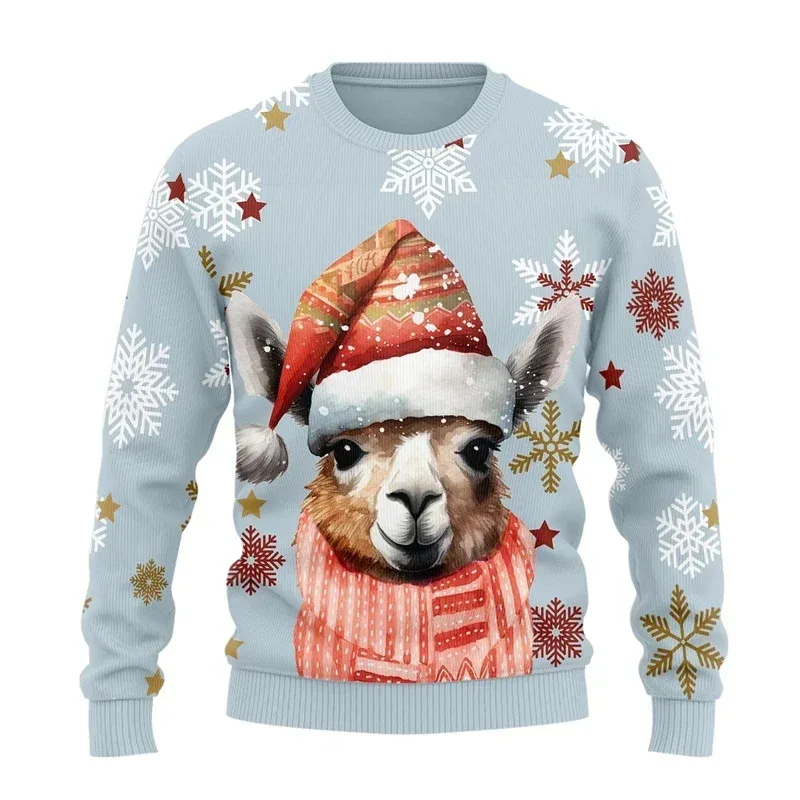 3D Printed Christmas Decoration Sweatshirt For Men Women Alpaca Dog Pattern Pullovers Casual Loose Round Neck Long Sleeve Hoodie