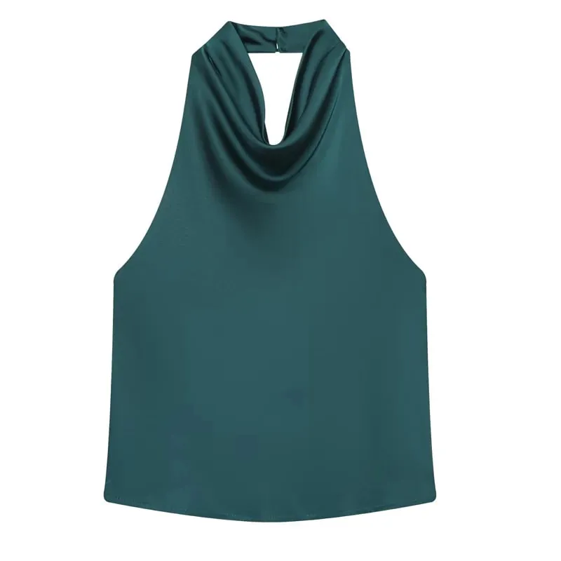 Women's Tanks Halter Top Women Sleeveless Green Crop Tops Summer Satin Party Evening Top Backless Sexy White Black Top — image 11