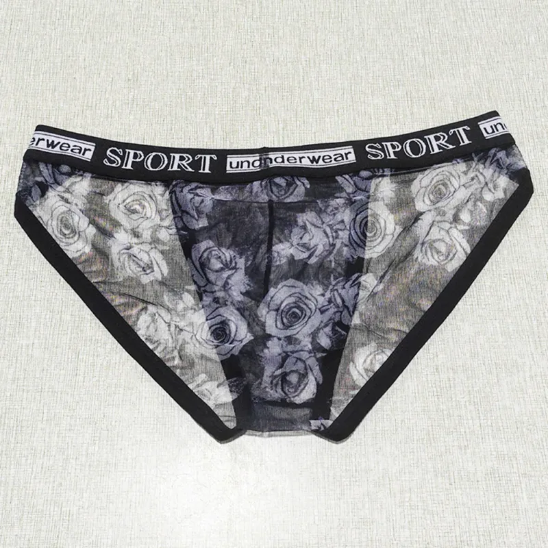 1pc Men Rose Printed Briefs High Fork Perspective Underwear Sexy Mesh Sheer Panties Breathable Comfortable Underpants