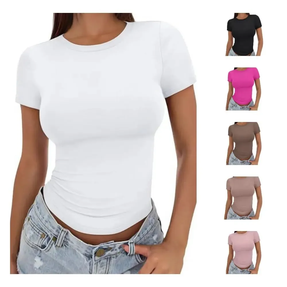 Trendy Stretchy Fitted T Shirt Breathable Soft Crop Top Solid Color Lightweight Short Sleeve Tee Streetwear Style