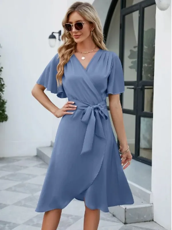 V Neck WrapV Neck Wrap Vacation Mini Dress for Woman Clothing Short Sleeve Tie Waist Asymmetrical Hem Casual Summer Dresses