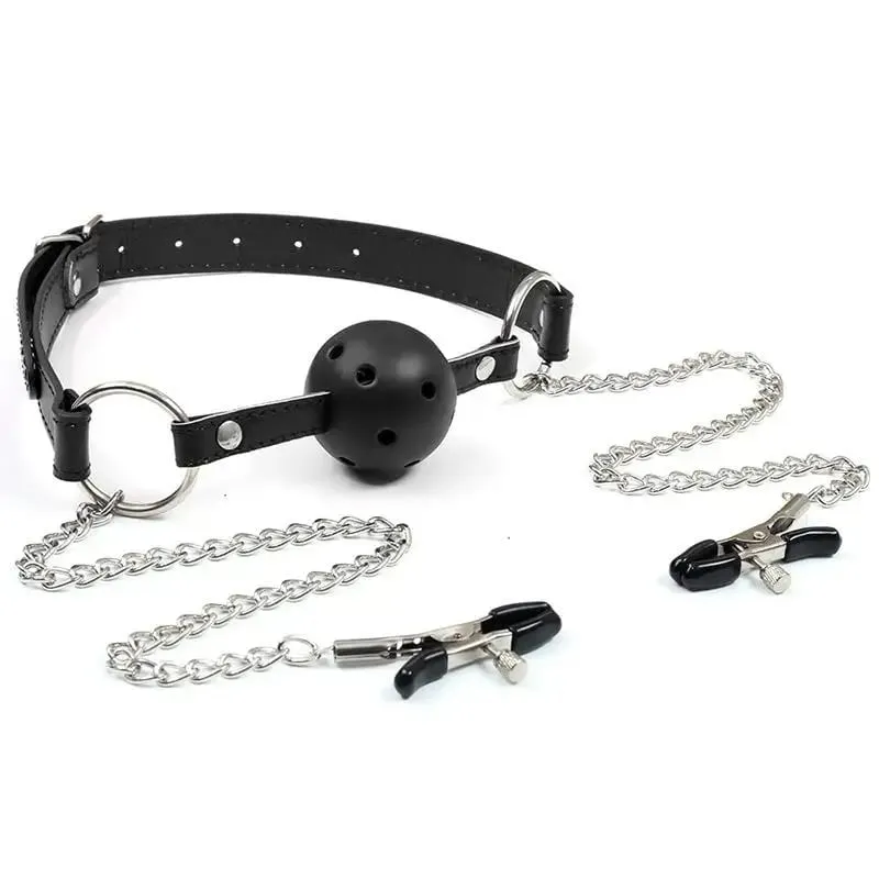 New Erotic Toy PU Leather Mouth Gag Ball Oral Sex With Chain Clip Breast Nipple Clamps Bondage Harness Sex Toys Adult Games — image 2
