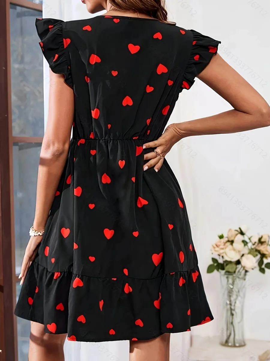 Fashionable Elegance Sweet Heart Print V-Neck Cap-Sleeve Women's Dress Vibrant Casual Chic Style Ladies Gown — image 2