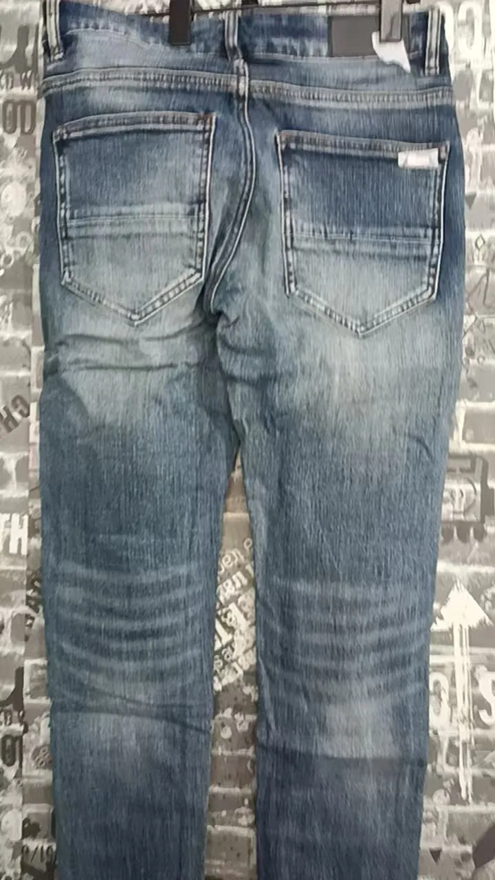 Fashionable New Men's Retro Blue Jeans With Pleated Elastic Perforated Blue Leather Patch Tight Tapered Pants Y2K — image 3