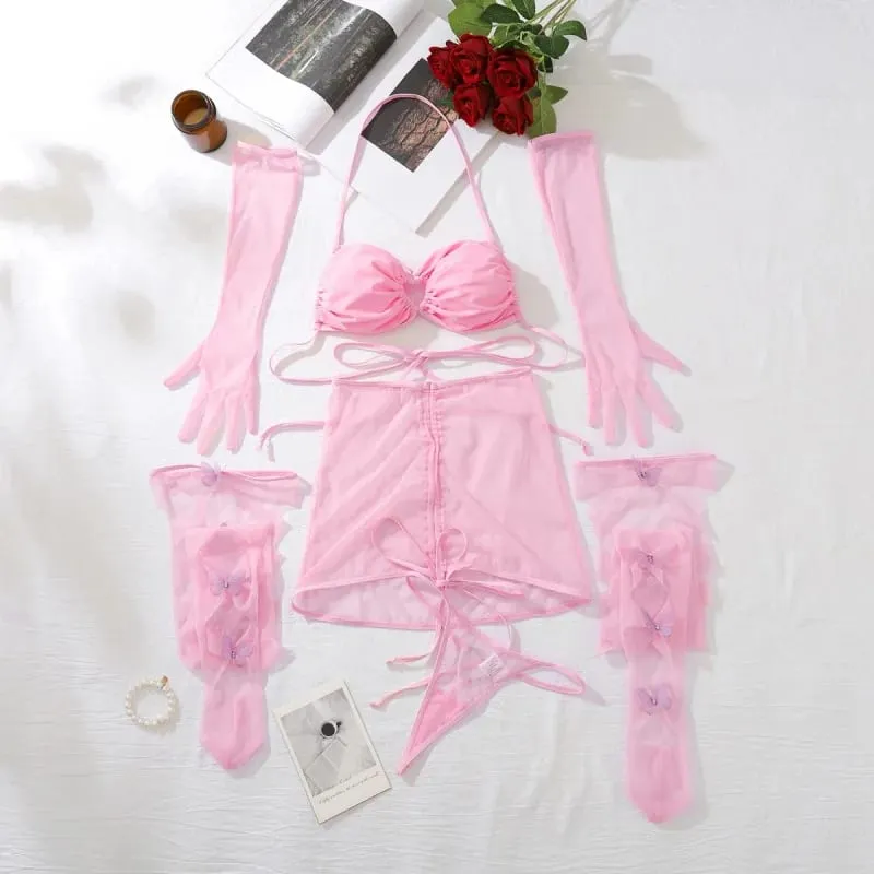 Lingerie Ultra Sexy Halter Bra Drawstring Pleated Attractive Suspenders Romantic Butterfly Cut Out Stocking Gloves — image 5