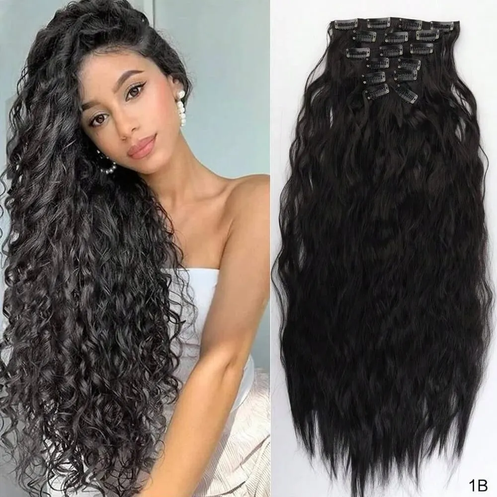 Synthetic Hair Extensions 16Clips In 6PCS Set Curly 24inch Long Clip On Hairpiece Corn Wavy Style For Women Girls Daily Party