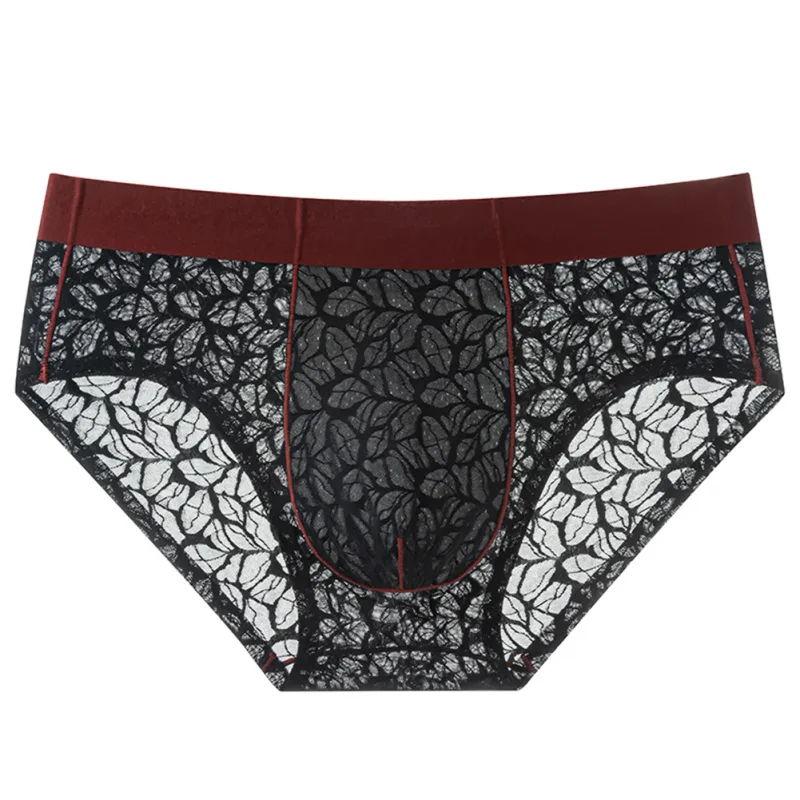 ผู้ชายผ้าไหมน้ำแข็ง Ultra-thin ชุดชั้นในลูกไม้ Jacquard Breathable Pantie 3D Bulge POUCH โปร่งใสตาข่ายชุดชั้นใน — image 2