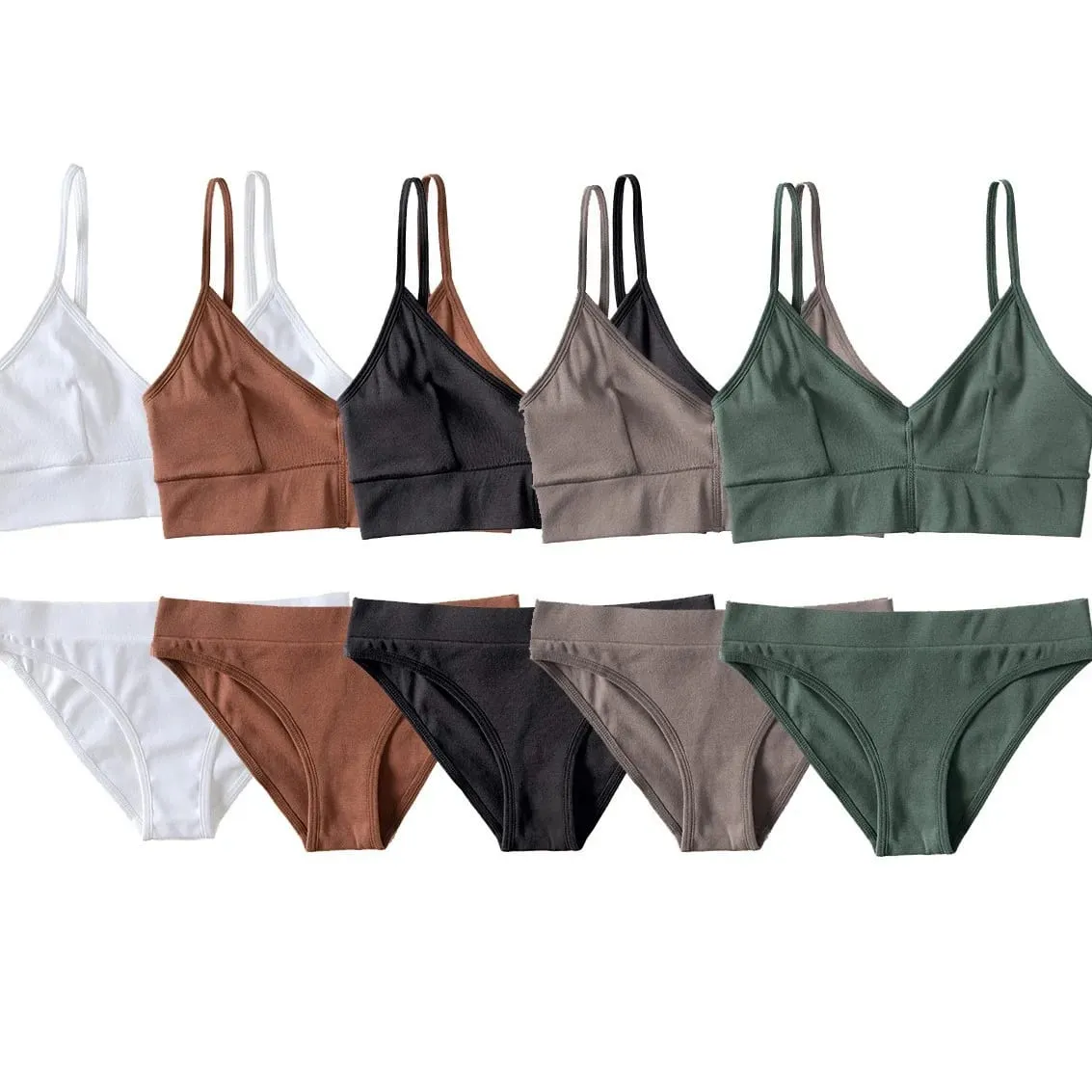 Women's Ribbed Wireless Bralette Set Solid Color Thin Strap Camisole Bra and Triangle Briefs Lingerie — image 5