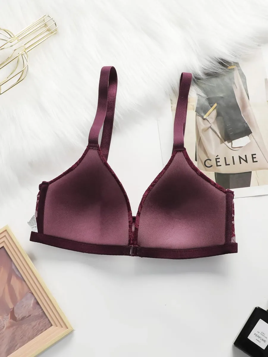 Women Sheer Lace Bra Set Front Hook Closure Wireless V Neck Brassiere Burgundy Floral Lace Underwear Panties Suit Sexy Lingerie — image 3