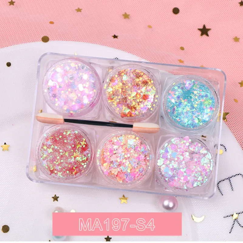 6Jar/set Holographic Body Glitter Gel Chunky Face Eye Heart Star Shaped Sparkle Glitter Sequins Makeup Nail Festival Party Decor