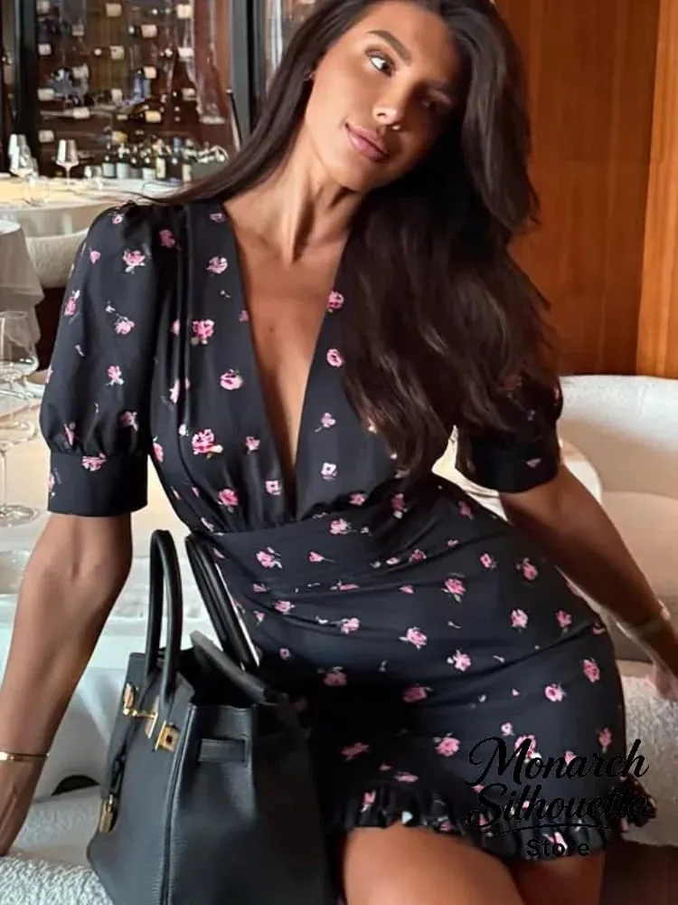 Chic Printed Slim Fit Mini Dress Women Elegant V-neck Puff Short Sleeves Waist Cinching Dresses 2026 Summer Lady Party Robes New