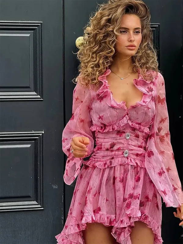 Women Mandarin Collar Ruffle Hem Mini Qipao Chinese Style Cap Sleeve Slim Fit Cheongsam Dress Dating Daily Party Outfit — image 11