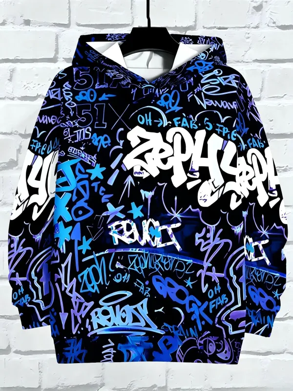 European and American Men's Autumn Gothic Letter Graffiti Print Soft and Comfortable Hooded Sweatshirt Outdoor Street Top — image 7
