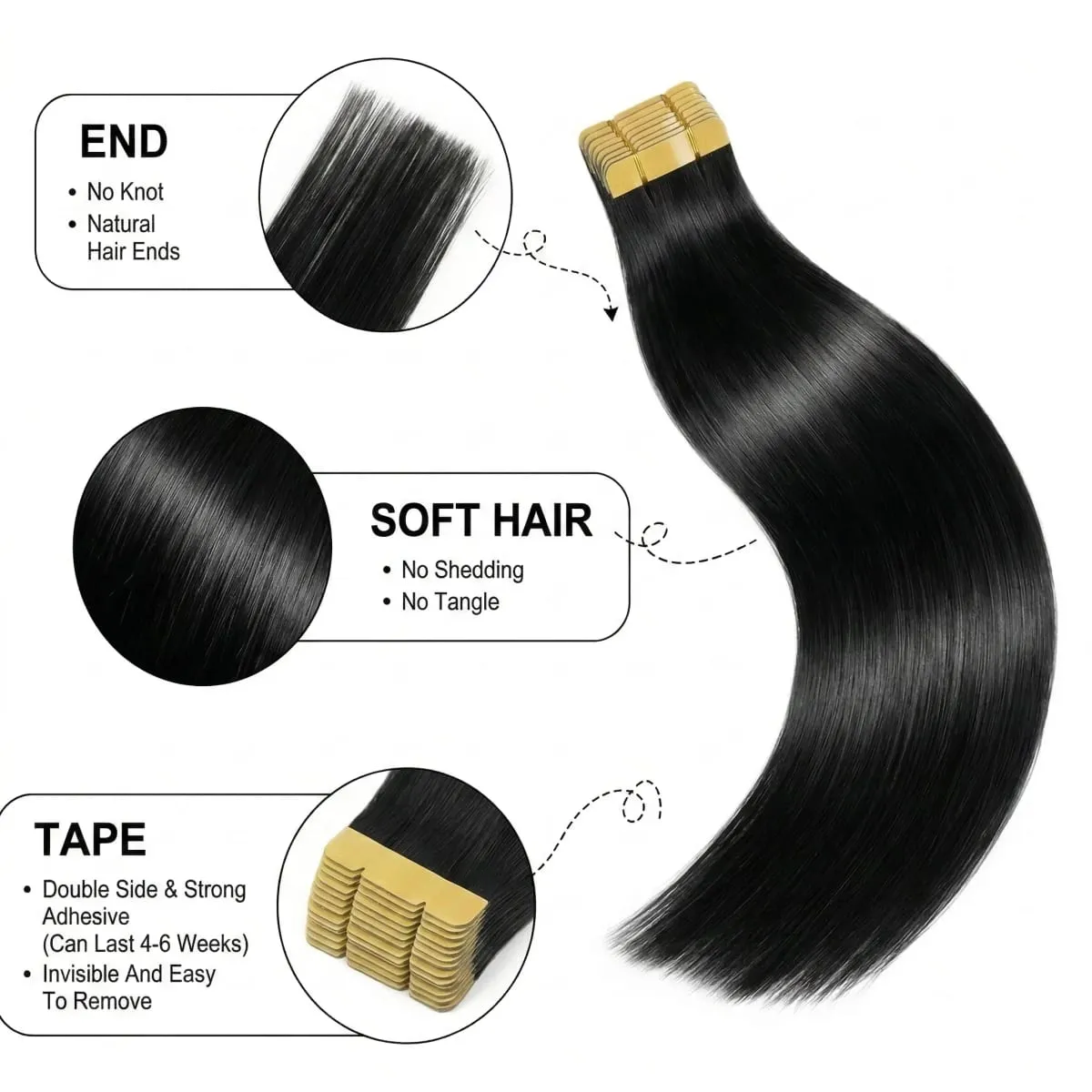 16-22 Inch Tape In Hair Extensions Human Hair Seamless Invisible Remy Hair Extensions Tape Ins For Women Brazilian Natural Black 21Pcs 50g 100% Human Hair — image 3