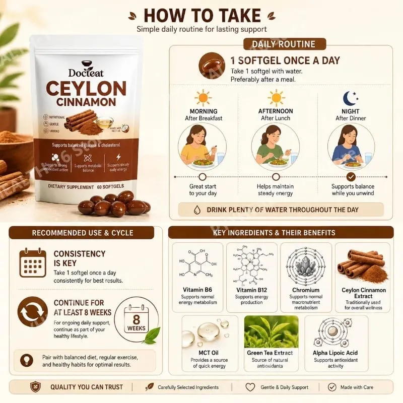 Ceylon Cinnamon Softgels with Vitamin B6 MCT Oil Supports Balanced Glucose and Cholesterol Metabolic Balance Energy 60 Softgels