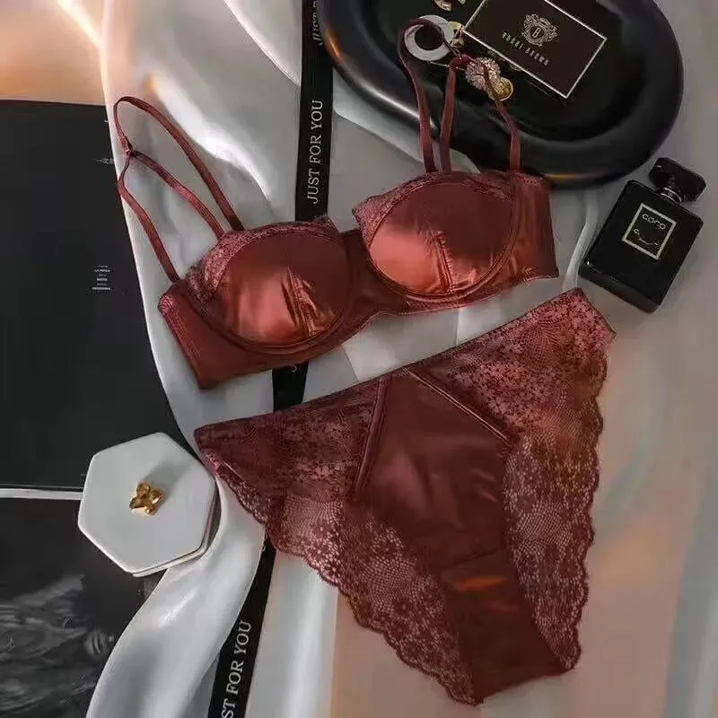 European -American sexy satin half cup comfortable upper support underwear set thin with steel ring green lace edge glossy bra — image 11