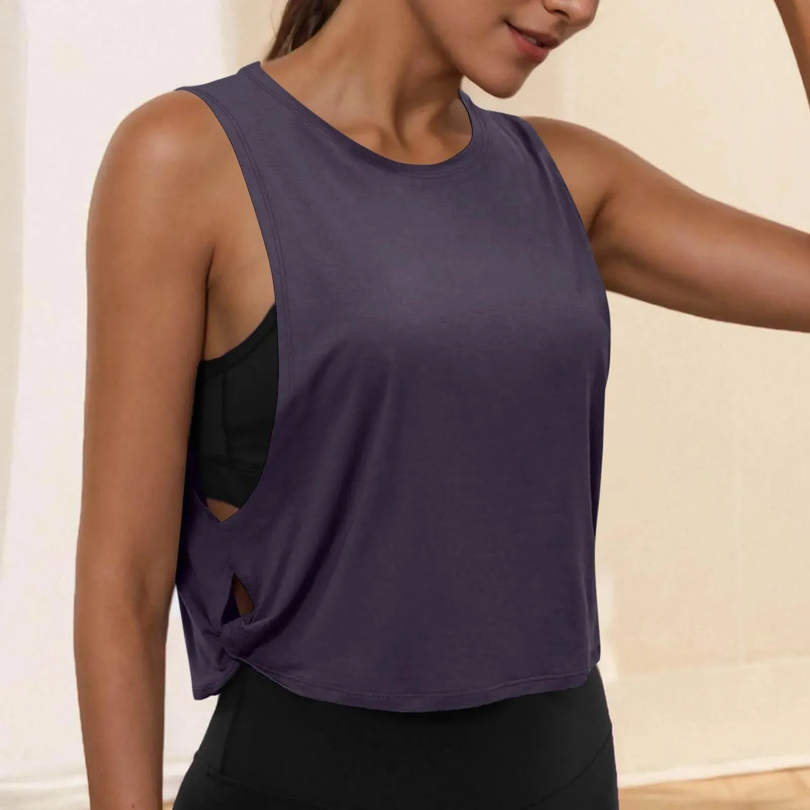 Women Sleeveless Yoga Tops Running Short Tank Crop Top Athletic Vest Breathable Blouse Cover Up Gym Workout Cool T-Shirt — image 17