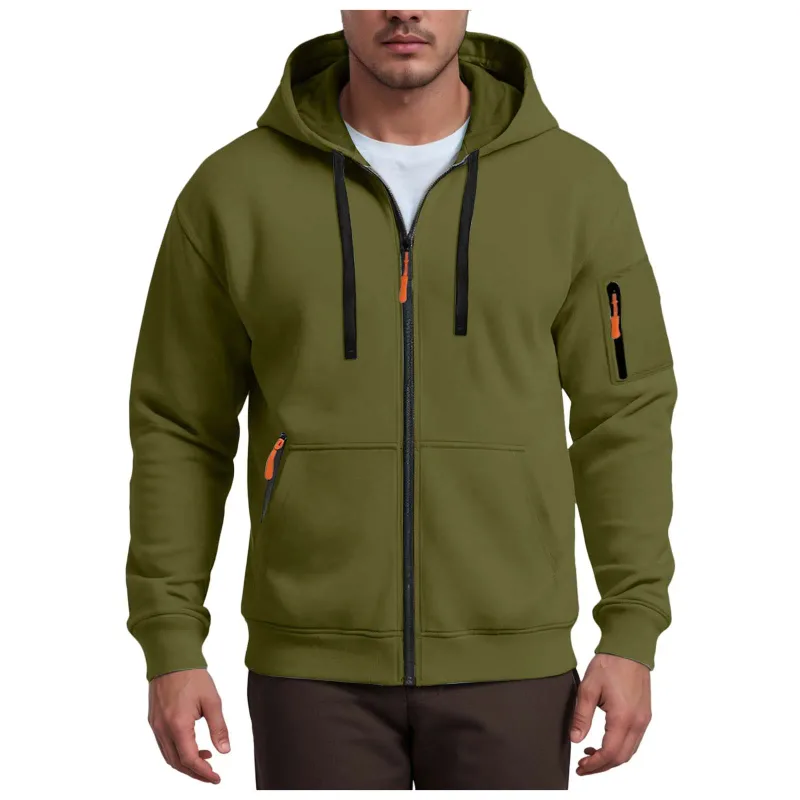 Men's Hoodies Solid Color Loose Zip Up Jacket Arm Zipper Pocket Hoodies Sand Hoodie Men — image 12