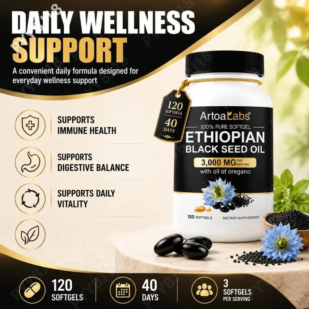 น้ำมันเมล็ดสีดำเอธิโอเปีย 3000mg Softgels พร้อมน้ำมันออริกาโน รองรับสุขภาพภูมิคุ้มกัน ทางเดินอาหาร BALANCE & Daily Vitality 120 นับ — image 2