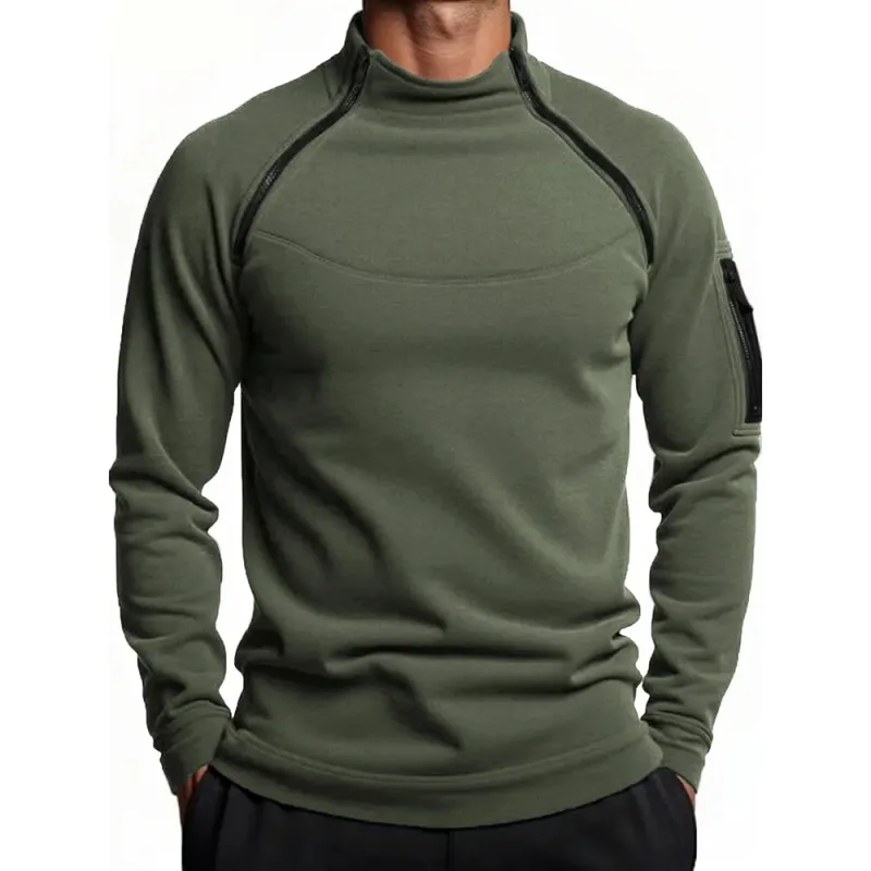 Autumn Winter Men's Polar Fleece Sweatshirt Outdoor Warm Tactical Double Zipper Stand Collar Top Casual Solid Color Sweatshirt
