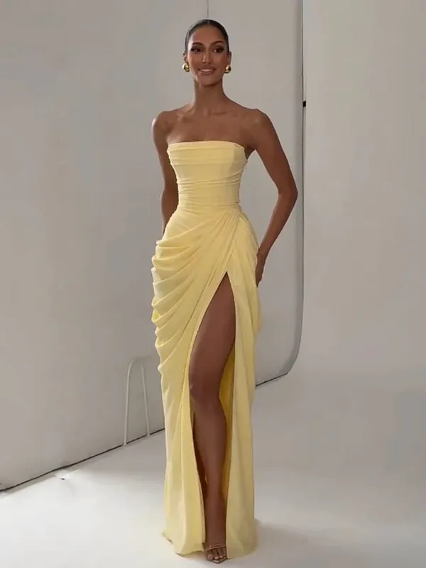 Gaun Halter Berlipat Solid Seksi Gaun Maxi Belahan Pinggang Punggung Terbuka Tanpa Lengan Fashion Wanita Gaun Pesta Wanita Musim Panas 2026